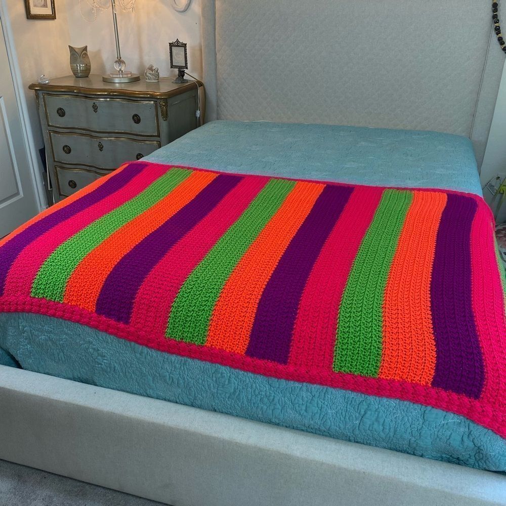 Vibrant Striped Crochet Blanket Afghan throw Retro neon striped